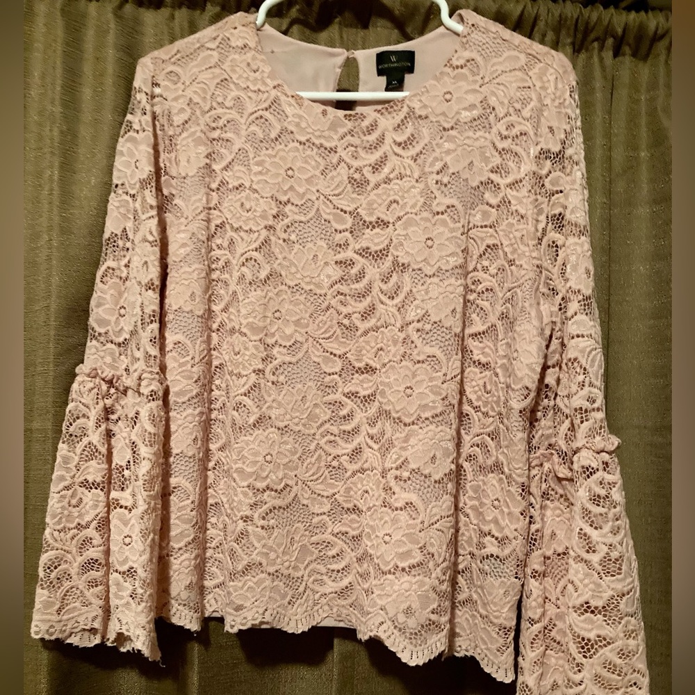Sweet, pink blouse, adorable lace, with midway arm lengths…
